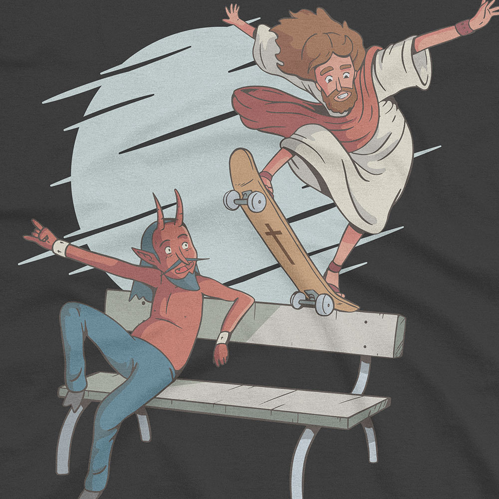 Skateboarding Jesus Impresses The Devil T-Shirt Close Up